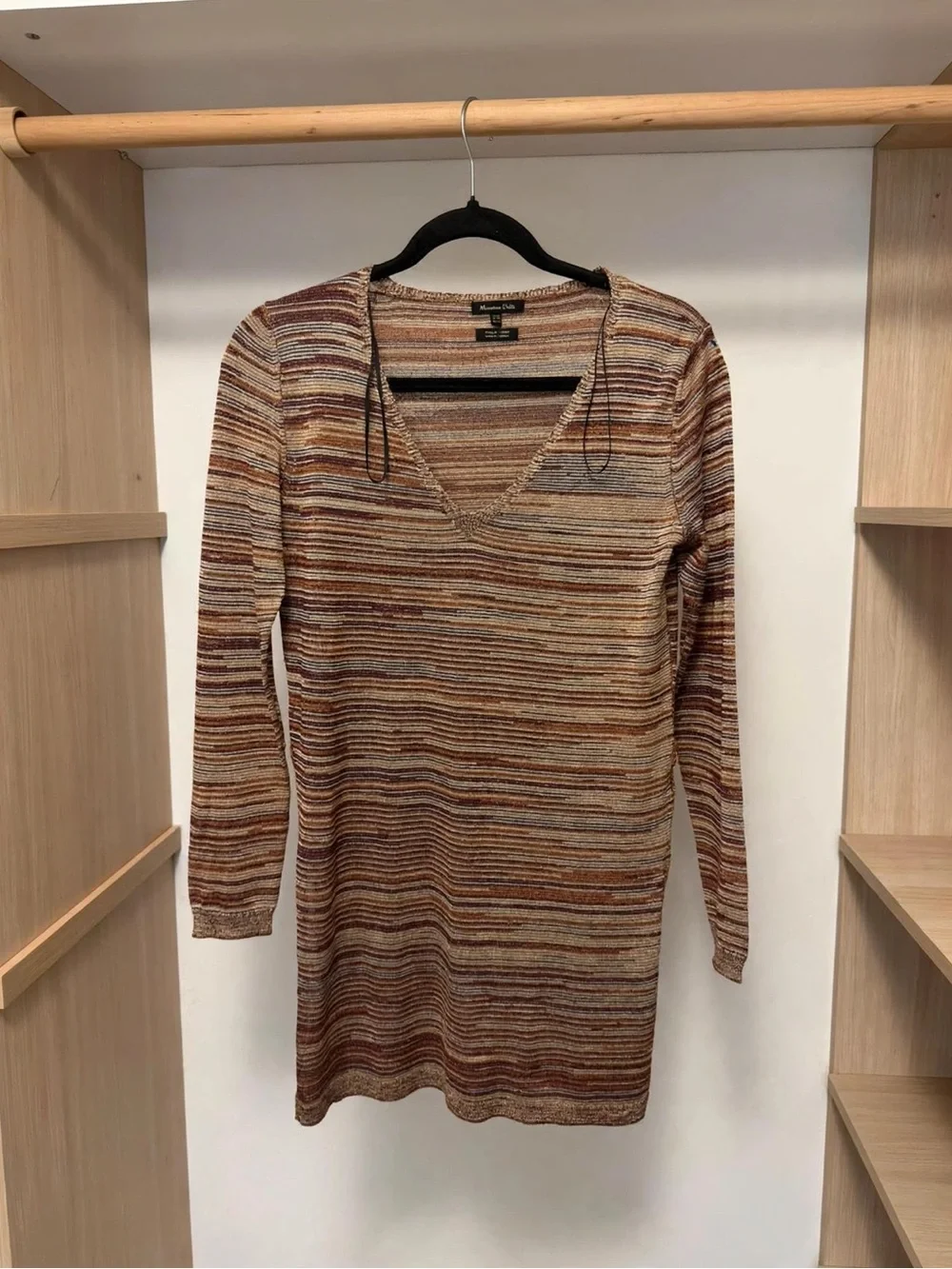 Massimo Dutti Striped V-Neck Long Sleeve Dress in Brown and Cream XS